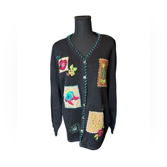 Susan Graver Womens Black Western Cardigan Sweater Button Front Sequin 1X - Picture 1 of 10